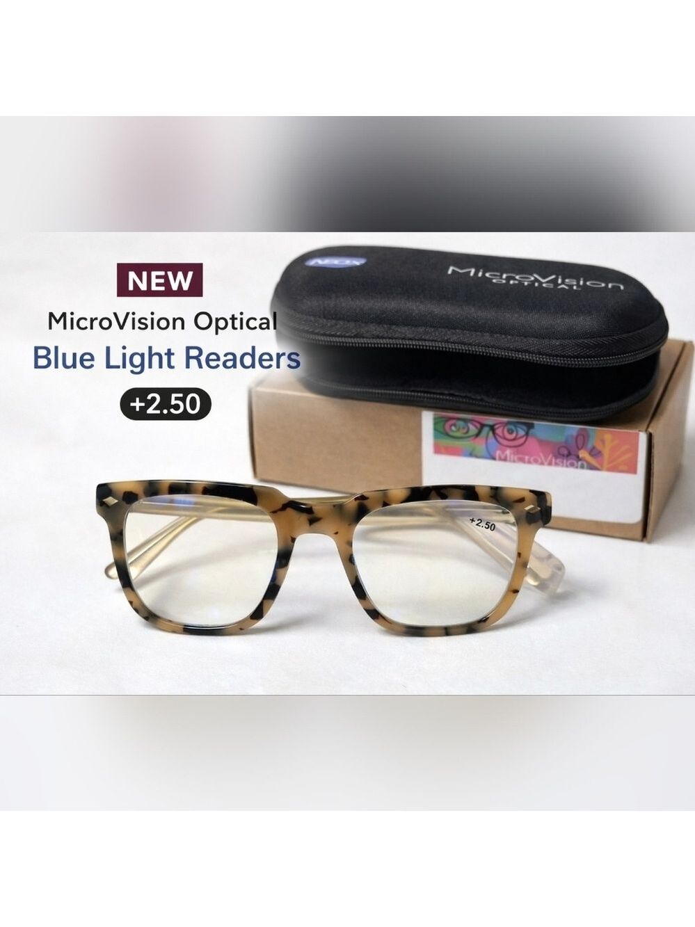 MicroVision Optical Arial Blue Light Readers Shiny Milky Tortoise +2.50 New